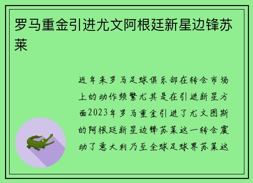 罗马重金引进尤文阿根廷新星边锋苏莱 罗马重金引进尤文阿根廷新星边锋苏莱